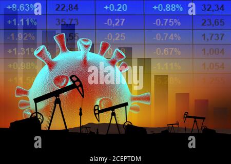 Il crollo del mercato e della borsa a causa del coronavirus covid-19. Collage da pompe dell'olio, cellule del coronavirus e grafici. Foto Stock