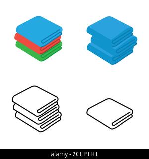 Serie di illustrazioni vettoriali per asciugamani. Asciugamani piegati in stile cartoon piano e icona linea. Illustrazione Vettoriale