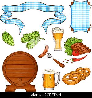 Ambientato con elementi tradizionali del festival della birra Oktoberfest. Erogazione. Illustrazione vettoriale disegnata a mano isolata su sfondo bianco Illustrazione Vettoriale