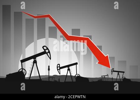 Il crollo del mercato e della borsa a causa del coronavirus covid-19. Pompe dell'olio e grafico. Rendering 3D. Foto Stock