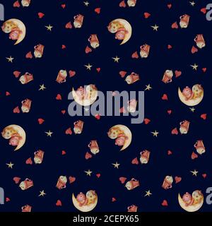 Modello senza cuciture con simpatico orsacchiotto che dorme sulla luna e dolci. Tazza con schiuma, dessert, cuore rosso e stelle su sfondo blu. Acquerello Foto Stock