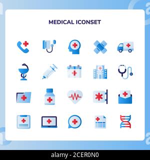 Medical Icon Set collection Emergency Call neurologia ambulanza farmacia stetoscopio con tema piatto blu rosso Illustrazione Vettoriale