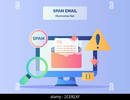 Spam email illustrazione impostare segno di avvertimento ingrandimento bug e-mail su display monitor computer con stile piatto. Illustrazione Vettoriale