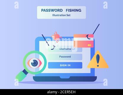 Password fishing illustrazione Set on display schermo laptop sfondo della carta di credito segno di avvertimento lente di ingrandimento con stile piatto. Illustrazione Vettoriale