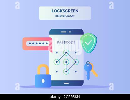 Illustrazione della schermata di blocco Imposta il codice di accesso sullo schermo dello smartphone sullo sfondo della chiave lucchetto con protezione password con stile piatto. Illustrazione Vettoriale