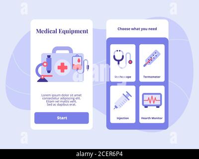 Stetoscopio per apparecchiature mediche termometro a iniezione cardiofrequometro per applicazioni mobili Interfaccia utente della pagina di intestazione modello con due varianti di colore piatto moderno stile Illustrazione Vettoriale