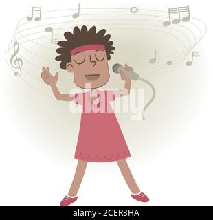 Illustrazione in stile retrò di una bambina nera che canta su uno sfondo con note musicali. Illustrazione Vettoriale
