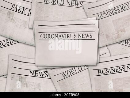 Coronavirus Covid-19 notizie. Giornali con titoli su superficie orizzontale. Sfondo di un vecchio giornale. Trama delle pagine di notizie obsolate. Carta nera bianca grigia Foto Stock