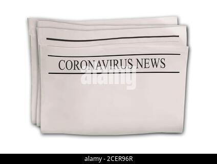 Mockup di Coronavirus Covid-19 notizie. I giornali sono vuoti con i titoli su una superficie orizzontale isolata in bianco. Sfondo di un vecchio giornale. Pagina delle notizie obsolate Foto Stock