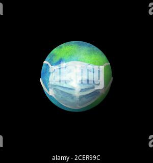 Terra con maschera protettiva contro il virus Coronavirus. Globo disegnato a mano con acquerello isolato su sfondo nero. Concetto di ricerca di cura e mondo Foto Stock