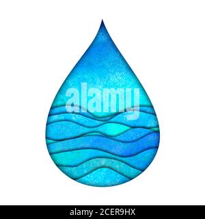 Modello con logo Water Drop. Acquerello dipinto a mano blu teal turchese carta taglio stile logotipo. Acquerello naturale aqua. Risparmiare acqua, ecologia, Foto Stock