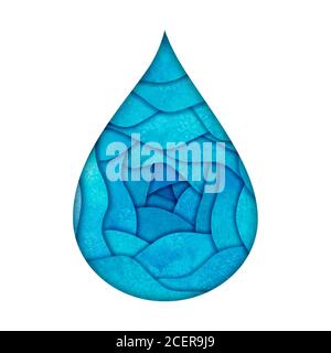 Modello con logo Water Drop. Acquerello dipinto a mano blu teal turchese carta taglio stile logotipo. Acquerello naturale aqua. Risparmiare acqua, ecologia, Foto Stock