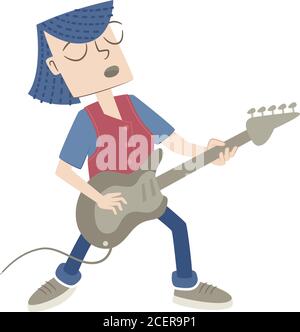 Illustrazione in stile retrò di una bambina che suona la chitarra elettrica. Illustrazione Vettoriale