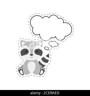 Simpatico raccoon cartoon con adesivo bolla vocale. Kawaii personaggio su sfondo bianco. Cartoon seduto animale cartolina clipart per compleanno Illustrazione Vettoriale