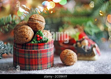 Biscotti a forma di noce in scatola di plaid di Natale. Messa a fuoco selettiva Foto Stock