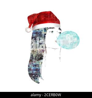 Mixed media arte di moda contemporanea Felice anno nuovo e buon Natale sfondo. Ragazza in rosso Babbo Natale cappello soffiando una bolla di colore menta di masticare Foto Stock