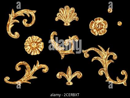 Elementi in stile barocco isolati su nero. Set di design filigrana floreale vintage disegnato a mano con acquerello. Ricci e fiori orientali damascati d'oro co Foto Stock