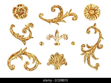 Elementi in stile barocco isolati su bianco. Set di design filigrana floreale vintage disegnato a mano con acquerello. Ricci e fiori orientali damascati d'oro co Foto Stock