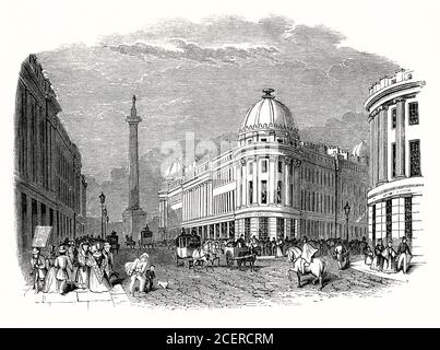 Una vecchia incisione di una scena di strada trafficata su Grainger Street, Newcastle upon Tyne, Tyne and Wear, Inghilterra, Regno Unito durante l'epoca vittoriana. Grainger Town è il cuore storico di Newcastle e comprende strade classiche costruite da Richard Grainger, costruttore e sviluppatore, tra il 1824 e il 1841. Alcuni dei più bei edifici e strade di Newcastle si trovano nell'area (architettura classica di Tyneside). Il monumento di Gray (sfondo) è un monumento a Charles Grey, il secondo Earl Grey costruito nel 1838 – creato da Edward Hodges Baily (famoso per la statua di Nelson in Trafalgar Square). Foto Stock