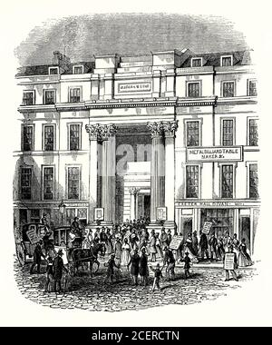 Una vecchia incisione di Exeter Hall, The Strand, Londra, Inghilterra, Regno Unito c. 1840. Fu eretta tra il 1829 e il 1831 sul sito di Exeter Exchange. L'auditorium della sala principale può ospitare più di 4,000 persone. Exeter Hall ha ospitato incontri religiosi e filantropici. Qui si sono svolti gli incontri della Società anti-schiavitù, e le parole ‘Exeter Hall’ sono diventate sinonimi della lobby anti-schiavitù. Divenne sede di YMCA (fondata nel 1844). Exeter Hall è stata venduta da YMCA al J. Lyons & Co nel 1907. L'edificio è stato demolito e lo Strand Palace Hotel è stato costruito al suo posto, inaugurato nel 1909. Foto Stock