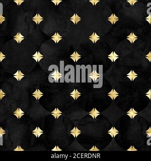 Fondo astratto acquerello con cerchi neri di velluto. Motivo senza cuciture disegnato a mano con forme geometriche in oro. Texture di lusso dorata. P. Foto Stock