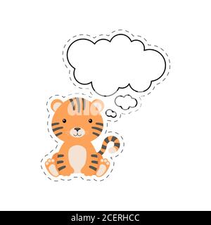 Carino tigre cartoon con adesivo bolla del parlato. Kawaii personaggio su sfondo bianco. Cartoon seduto animale cartolina clipart per compleanno, baby doccia Illustrazione Vettoriale