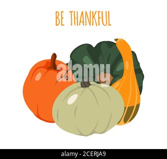 Essere grato, colorato cartolina invito, gourd autunno umore. Biglietto d'auguri con zucche disegnate di colore arancione e verde. Modello banner o poster per il Ringraziamento o la celebrazione di Halloween illustrazione vettoriale Illustrazione Vettoriale