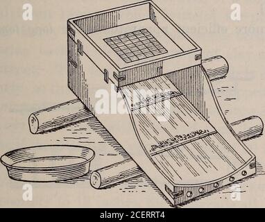 . Il Field-book e la guida del prospettore nella ricerca e nella facile determinazione dei minerali e di altri minerali utili. A questo scopo la massa di sabbia di ferro di ferro di oro è lasciata diventare perfettamente asciutta, e piccole quantità di esso ad una volta sono poste in uno strumento chiamato soffiatore - una sorta di un cucchiaio di metallo, In latta e aperta ad un'estremità. Holdingla soffiante con la sua bocca rivolta verso di sé,e scuotendola delicatamente in modo da cambiare costantemente la posizione delle particelle, l'operatore soffia gentilmente lungo la superficie del contenuto, regolando la forza e la direzione del respiro in modo da reggere Foto Stock