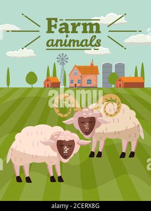 Pecora e montone sono animali da fattoria. Paesaggio rurale sfondo. Illustrazione vettoriale stile cartoon Illustrazione Vettoriale