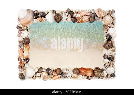 Conchiglie di mare cornice bianco sfondo isolato closeup conchiglie bordo, struttura a onda blu, spiaggia di sabbia, acque turchesi dell'oceano, cartolina estiva per le vacanze Foto Stock