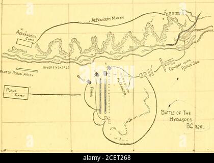 . Grandi capitani : un corso di sei lezioni che mostra l'influenza sull'arte della guerra delle campagne di Alessandro, Annibale, Cæsar, Gustavo Adolfo, Federico e Napoleone. d è stato consumato da quando ha lasciato Persepoli. Era maggio, a.C. 326 Alessandro si trovava nel Punjaub, paese dei vigili del fuoco. Gli Hydaspes sono stati gonfi con le tempeste della stagione piovosa e le nevi di fusione dell'Himalaya.THP rnnda ^re ^ypp.rqjiiiiTp- sul lato più lontano del theriver, un mezzo miglio largo, potrebbe essere visto Porus, Notato come il re più coraggioso e più abile in India^con il suo esercito drawnup prima del suo campo e dei suoi elefanti Foto Stock