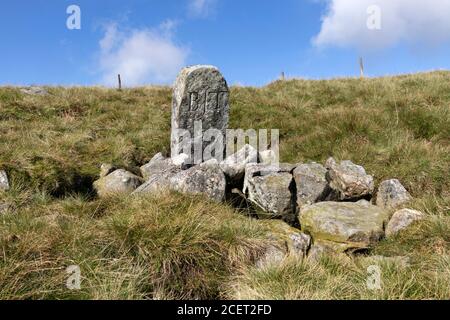 Pietra marcature scolpita che segna la sorgente delle T del fiume a Tees Head on Cross Fell, Cumbria, Inghilterra, Regno Unito, Foto Stock