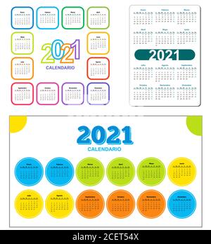 Imposta il calendario a colori 2021 anni, spagnolo. Forma circolare e quadrata. La settimana inizia dal lunedì. Calendario modello vettoriale per aziende su sfondo bianco. Cornice colore cerchio. Illustrazione Vettoriale