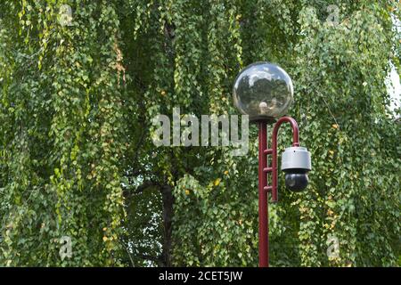 Telecamera di sicurezza CCTV montata su palo luminoso per monitorare le persone nel parco pubblico Foto Stock