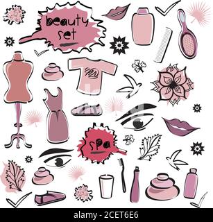 Set di articoli di bellezza con Spa, Doodles moda in colori rossi Illustrazione Vettoriale