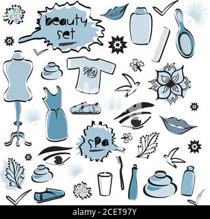 Set di articoli di bellezza con Spa, Doodles moda in colori blu Illustrazione Vettoriale