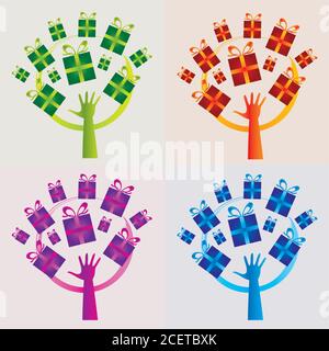 Set di 4 icone alberi da regalo - colori multipli - Ispirazione per il marketing e la pubblicità Illustrazione Vettoriale