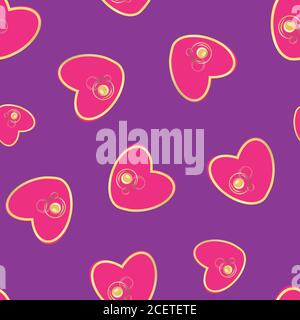 Vettoriale cuori rosa motivo senza giunture sfondo. Simboli d'amore sparsi e incorniciati in oro disegnati a mano su sfondo viola. Stampa romantica per Illustrazione Vettoriale