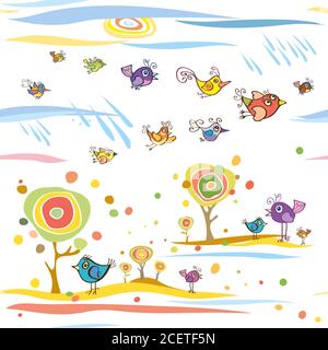 Caduta e uccelli. Immagine di uccelli volanti, immagine grafica dell'umore autunnale, immagini divertenti a colori, immagini di sfondo piene, vettore, illustrazione Illustrazione Vettoriale