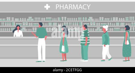 Persone in farmacia. Il farmacista si trova vicino agli scaffali con medicinali. Illustrazione vettoriale in stile piatto Illustrazione Vettoriale