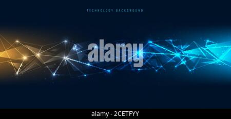 Puntini e linee astratte di collegamento con poligoni geometrici forma con illuminazione su sfondo blu. Tecnologia futuristica connessione alla rete Internet. Illustrazione Vettoriale