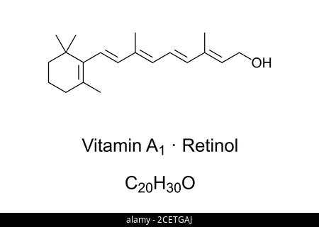 Vitamina A1, anche retinolo o asseroftolo, struttura chimica. Trovato nel cibo, usato come supplemento dietetico per trattare la carenza di vitamina A. Foto Stock