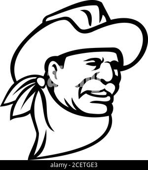 Mascot illustrazione di un cowboy americano che indossa un cappello, baffi e neckerchief o bandana guardando a lato su sfondo isolato in nero retrò e. Illustrazione Vettoriale