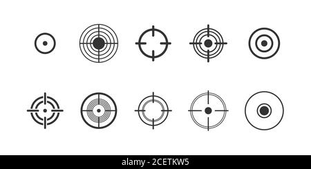 Set di icone di glifo vettoriale del cerchio del dolore. Sniper AIM e la collezione di simboli neri da tavola da disegno. La localizzazione del dolore contrassegna la confezione isolata su sfondo bianco. Illustrazioni astratte radiali Illustrazione Vettoriale