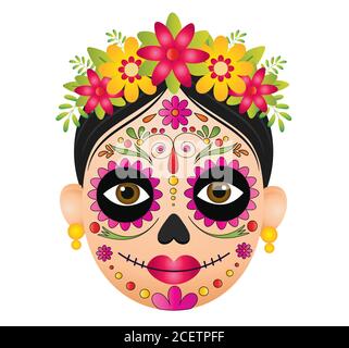 Dia de muertos faccia vettore illustrazione isolato su sfondo bianco.dia de los muertos, giorno dei morti, festa messicana, festival. Illustrazione Vettoriale