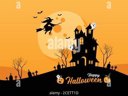 Allegro scritta Halloween per il biglietto di invito alla festa. Casa infestata. Strega che sorvola la luna. Illustrazione vettoriale Illustrazione Vettoriale