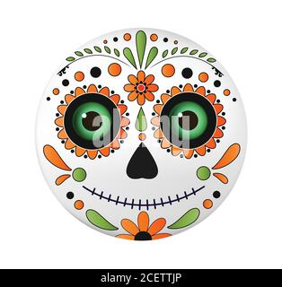Immagine vettoriale faccia dia de muertos su sfondo bianco. Dia de los Muertos emoji face.dia de los muertos, giorno della morte, festa messicana. Illustrazione Vettoriale
