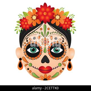 Dia de muertos faccia vettore illustrazione isolato su sfondo bianco.dia de los muertos, giorno dei morti, festa messicana, festival. Illustrazione Vettoriale