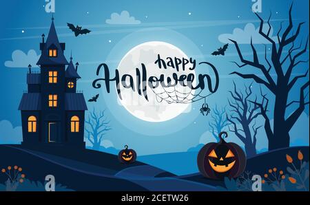 Sfondo di Halloween con casa infestata, luna piena, zucche e alberi Illustrazione Vettoriale