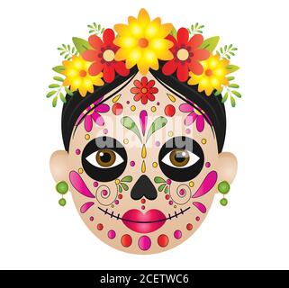 Dia de muertos faccia vettore illustrazione isolato su sfondo bianco.dia de los muertos, giorno dei morti, festa messicana, festival. Illustrazione Vettoriale